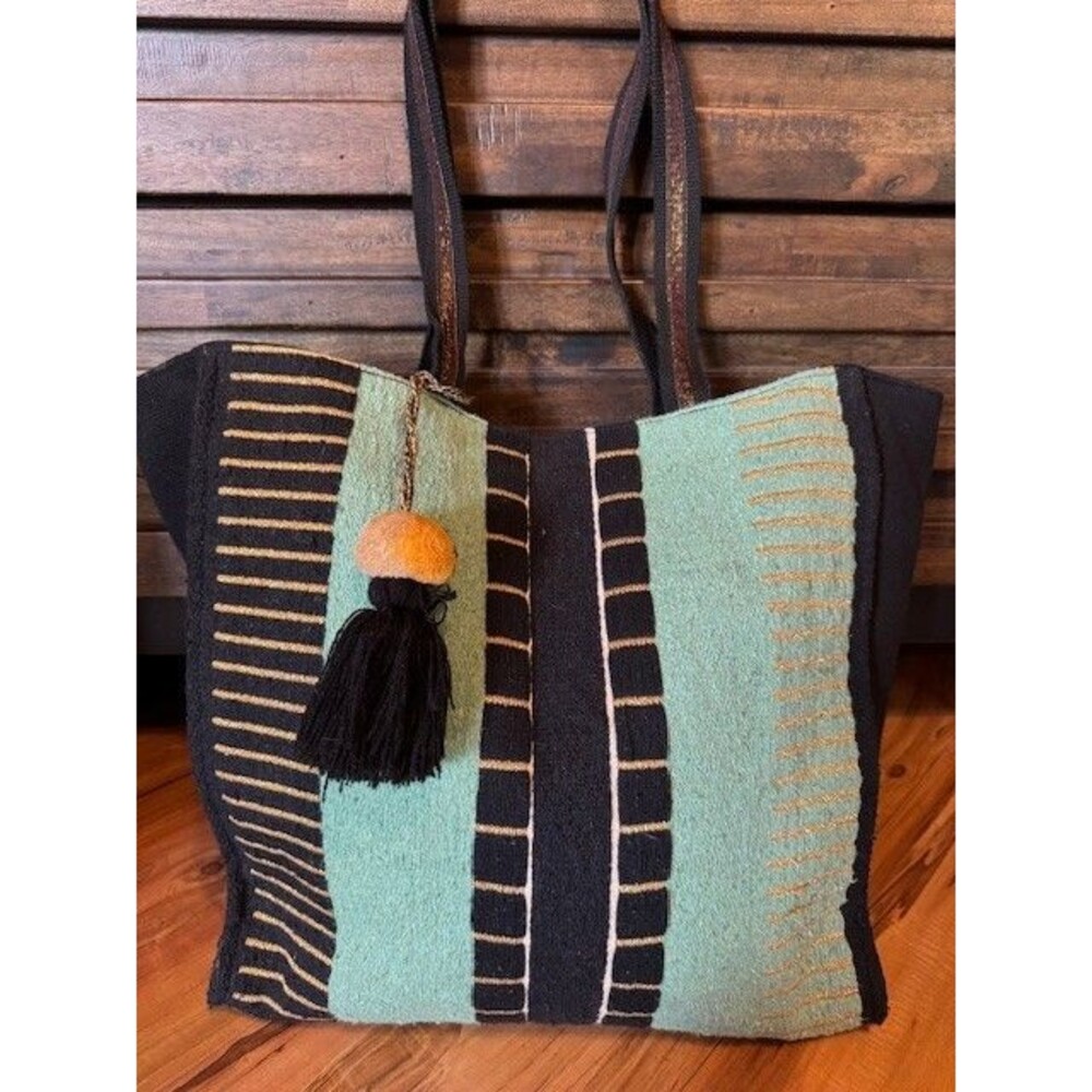 Handwoven Black and Mint Striped Tote Bag with Tassel